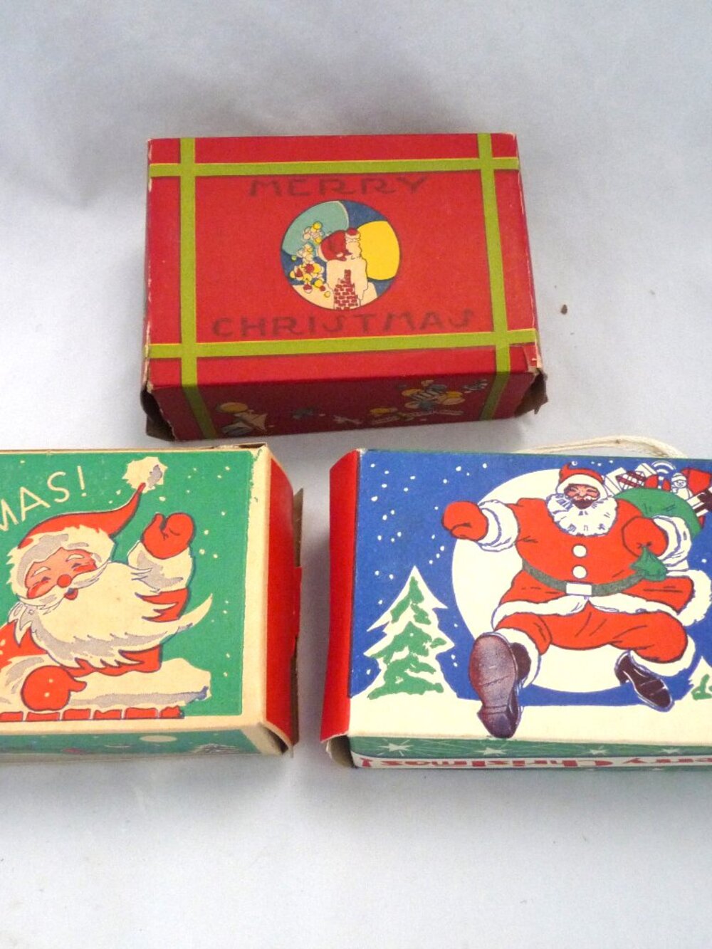 3 vintage Christmas candy boxes Santa ornament toy children